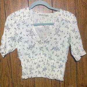 American Eagle Outfitters Cream Smocked Crop Blouse